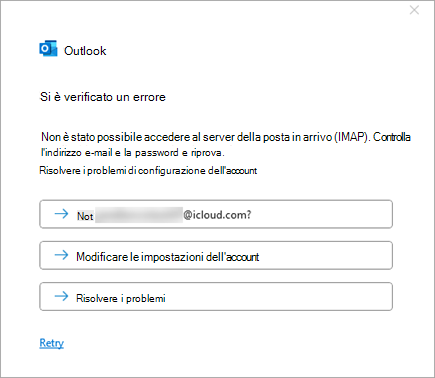 Screenshot del messaggio di errore si è verificato un problema durante l'aggiunta di un account iCloud