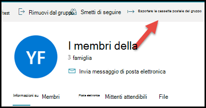 Scheda gruppo in Outlook.com con una freccia rivolta verso l'alto e verso destra per esportare cassetta postale del gruppo.