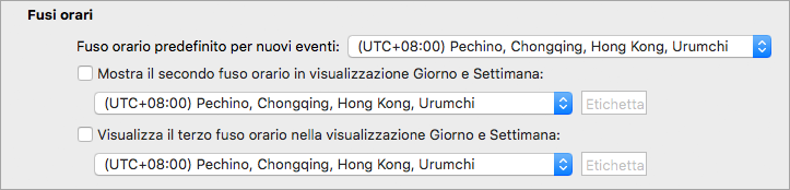 Mostra il secondo e il terzo fuso orario nelle preferenze di Calendar