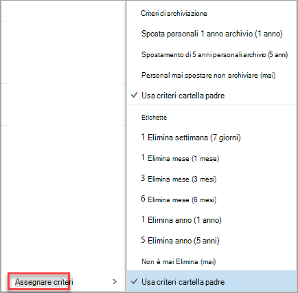 Fare clic con il pulsante destro del mouse sul messaggio per visualizzare le opzioni di assegnazione dei criteri