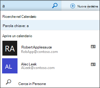 Elenco di ricerca del Calendario che viene visualizzato quando si digita qualcosa nella casella di ricerca del Calendario e viene trovata una corrispondenza con un nome nell'elenco contatti o nella directory.