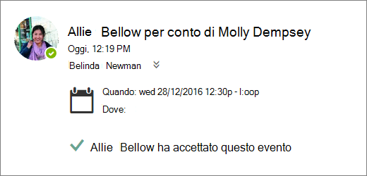 Screenshot di un invito alla riunione accettato da un delegato.