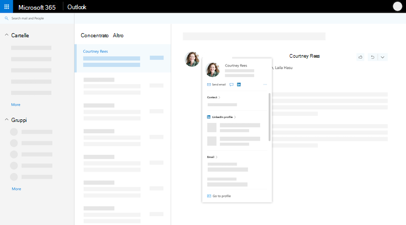 Scheda profilo in Outlook sul web visualizzazione al passaggio del mouse