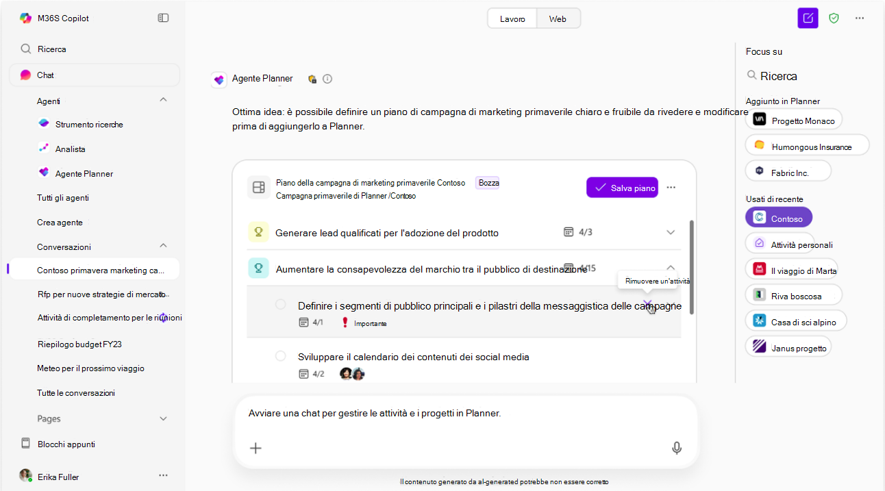 Screenshot che mostra il suggerimento di modifica dell'intelligenza artificiale di Planner Agent in modalità bozza.