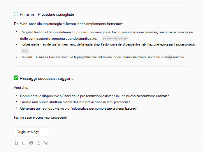 Screenshot della risposta di Copilots per creare una presentazione, con informazioni sull'argomento richiesto e domande di follow-up.