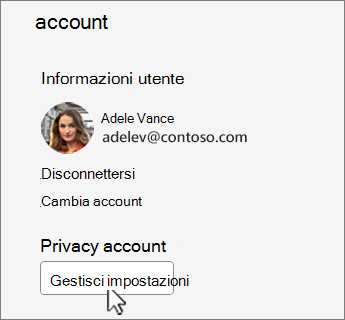Finestra di dialogo Dell'account con il pulsante Gestisci impostazioni seletato.