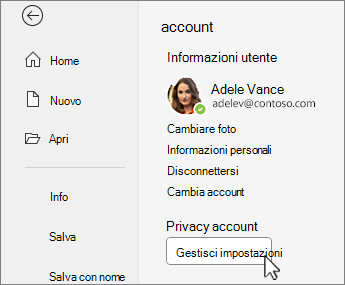 Informazioni sull'account nella visualizzazione Backstage