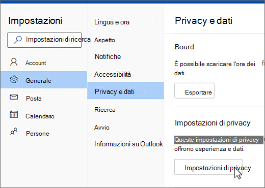 Impostazioni menu generale privacy e dati