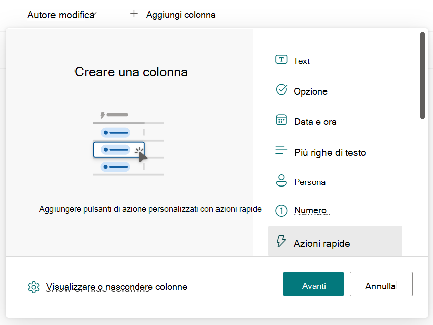 Screenshot che mostra il menu per selezionare la colonna Azioni rapide.
