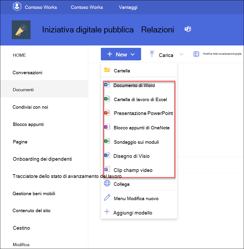 screenshot del menu a discesa per aggiungere nuovi file