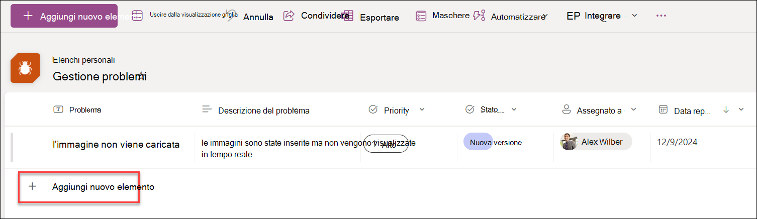 screenshot di Aggiungi nuovo nella visualizzazione griglia