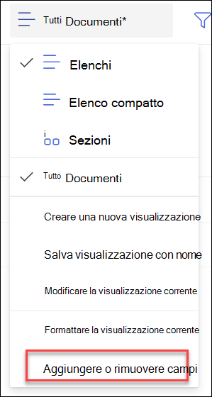 screenshot dell'opzione Aggiungi rimuovi campi
