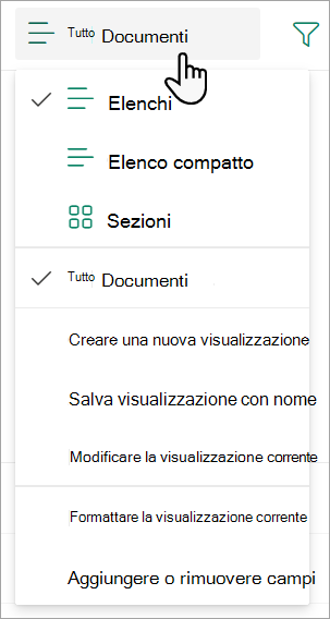 Screenshot che mostra l'elenco a discesa Visualizzazione Tutti i documenti usato per modificare una visualizzazione elenco.