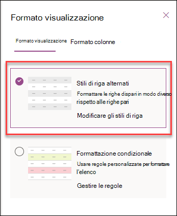 screenshot di formattazione di righe alternate