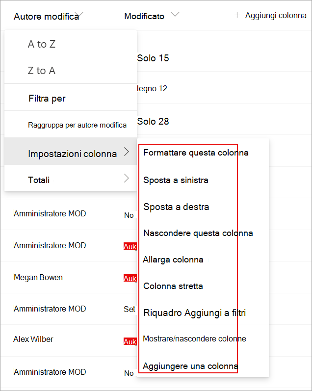 Screenshot che mostra le impostazioni di colonna in un elenco che è possibile usare per modificare l'elenco.