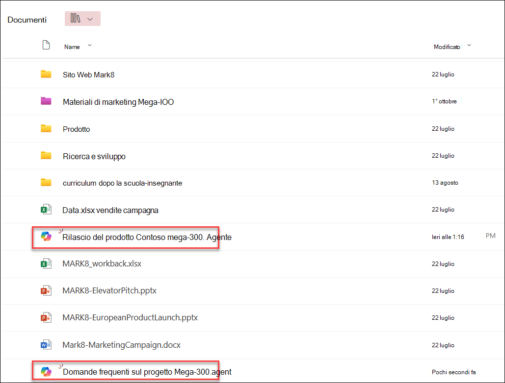 Screenshot di agenti copilot salvati nella cartella della raccolta documenti corrente.