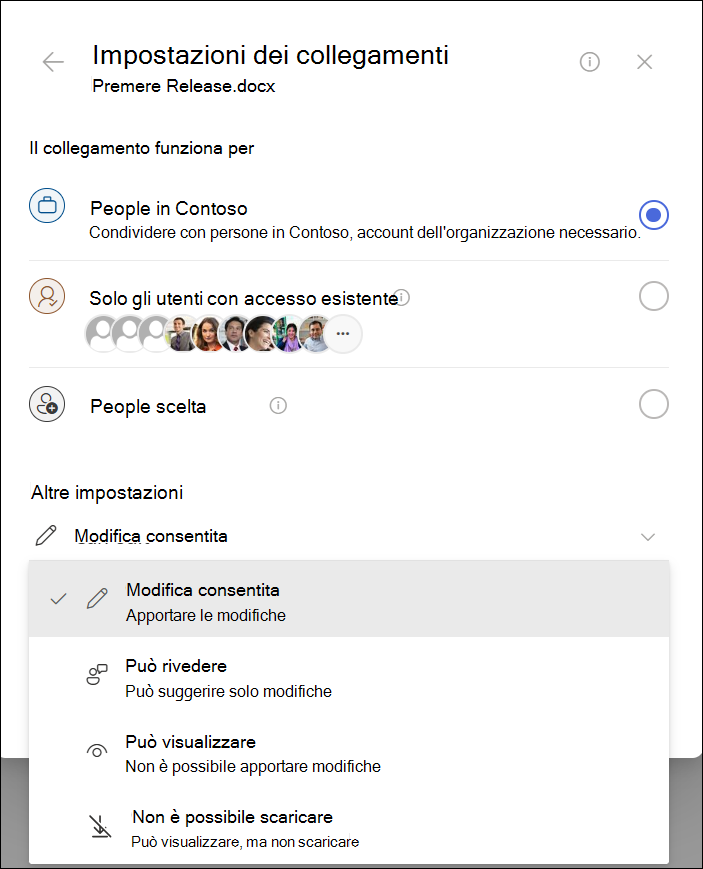 Screenshot delle impostazioni di copia collegamento