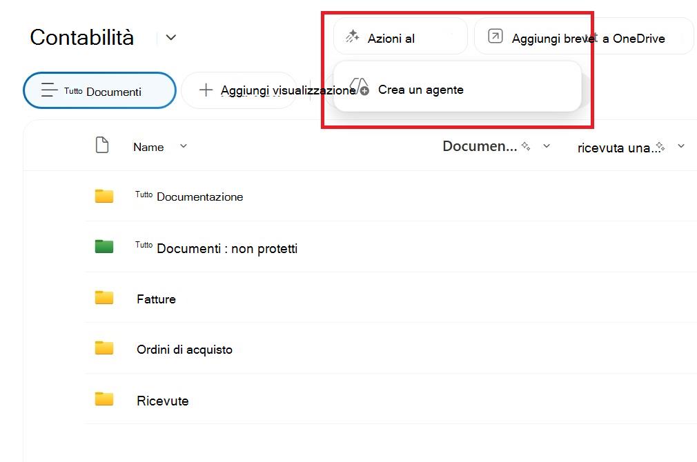 Screenshot che mostra il pulsante per creare un agente da una raccolta documenti di SharePoint.