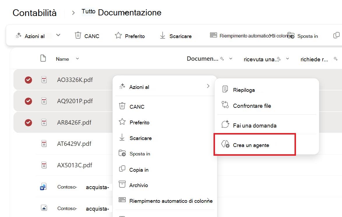 Screenshot che mostra il pulsante per creare un agente dal menu di scelta rapida di selezione di file o cartelle