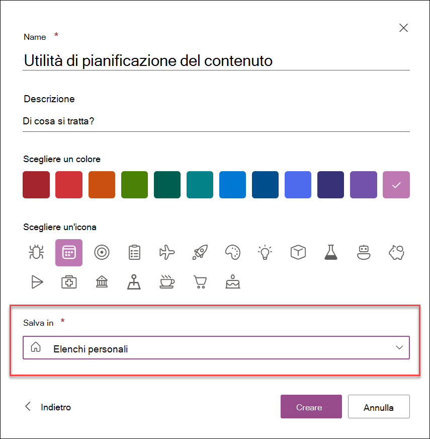 screenshot dell'app Crea elenco dall'app Elenchi