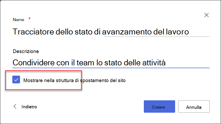 screenshot di crea elenco dal sito di SharePoint