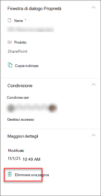 Screenshot dell'opzione Elimina pagina nel riquadro dei dettagli della pagina