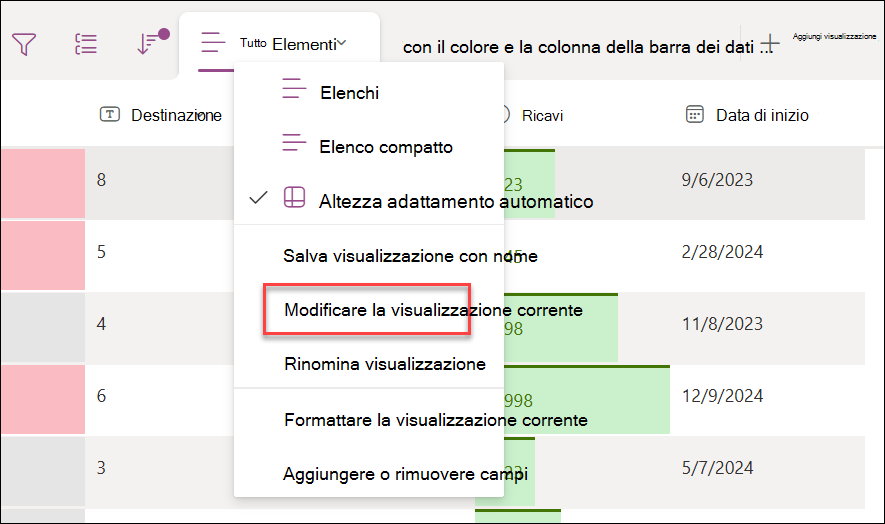 Screenshot della selezione della modifica della visualizzazione corrente