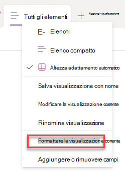 screenshot della selezione del formato della riga corrente