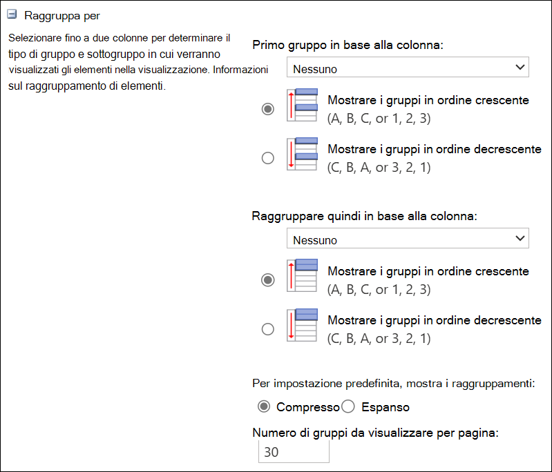 screenshot del raggruppamento in base a un massimo di 2 colonne.