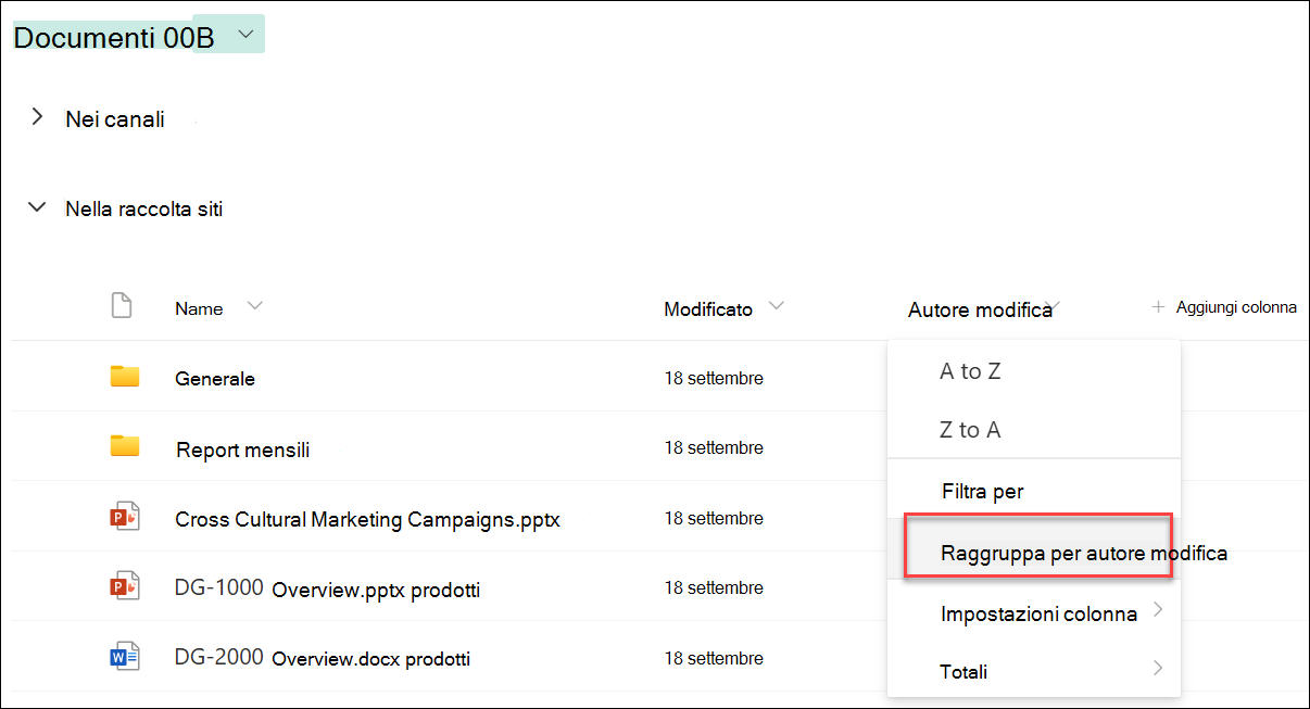 screenshot del raggruppamento in base al nome della colonna
