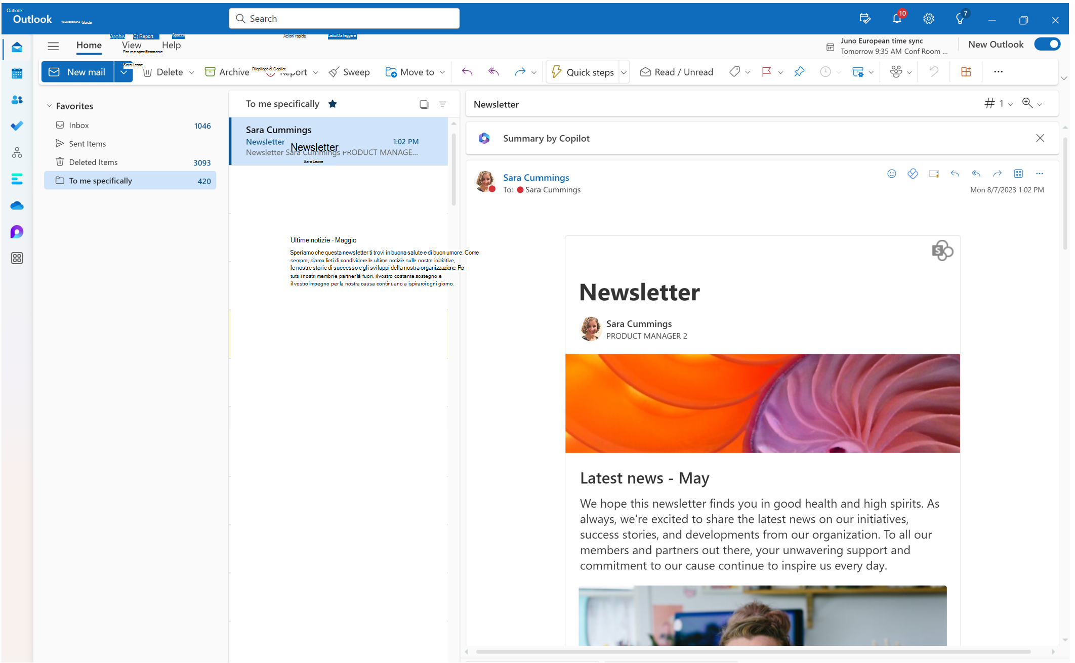 screenshot della posta in arrivo di Outlook che mostra un post di notizie sharepoitn