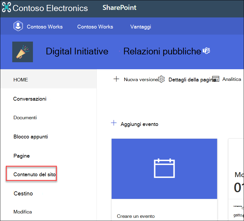 Screenshot del contenuto del sito di spostamento sinistro