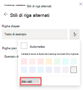 Screenshot della selezione di altri stili per la formattazione della visualizzazione elenco