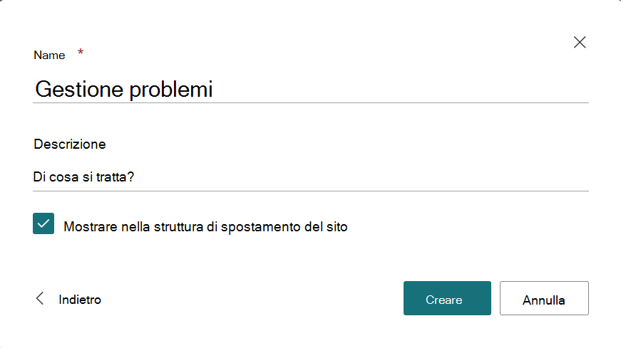 Finestra di dialogo per fornire un nome e una descrizione del nuovo elenco