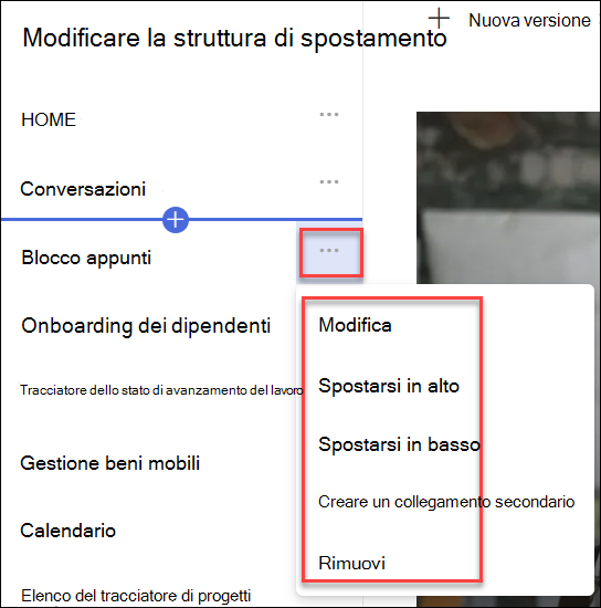 Screenshot del menu di scelta rapida della struttura di spostamento