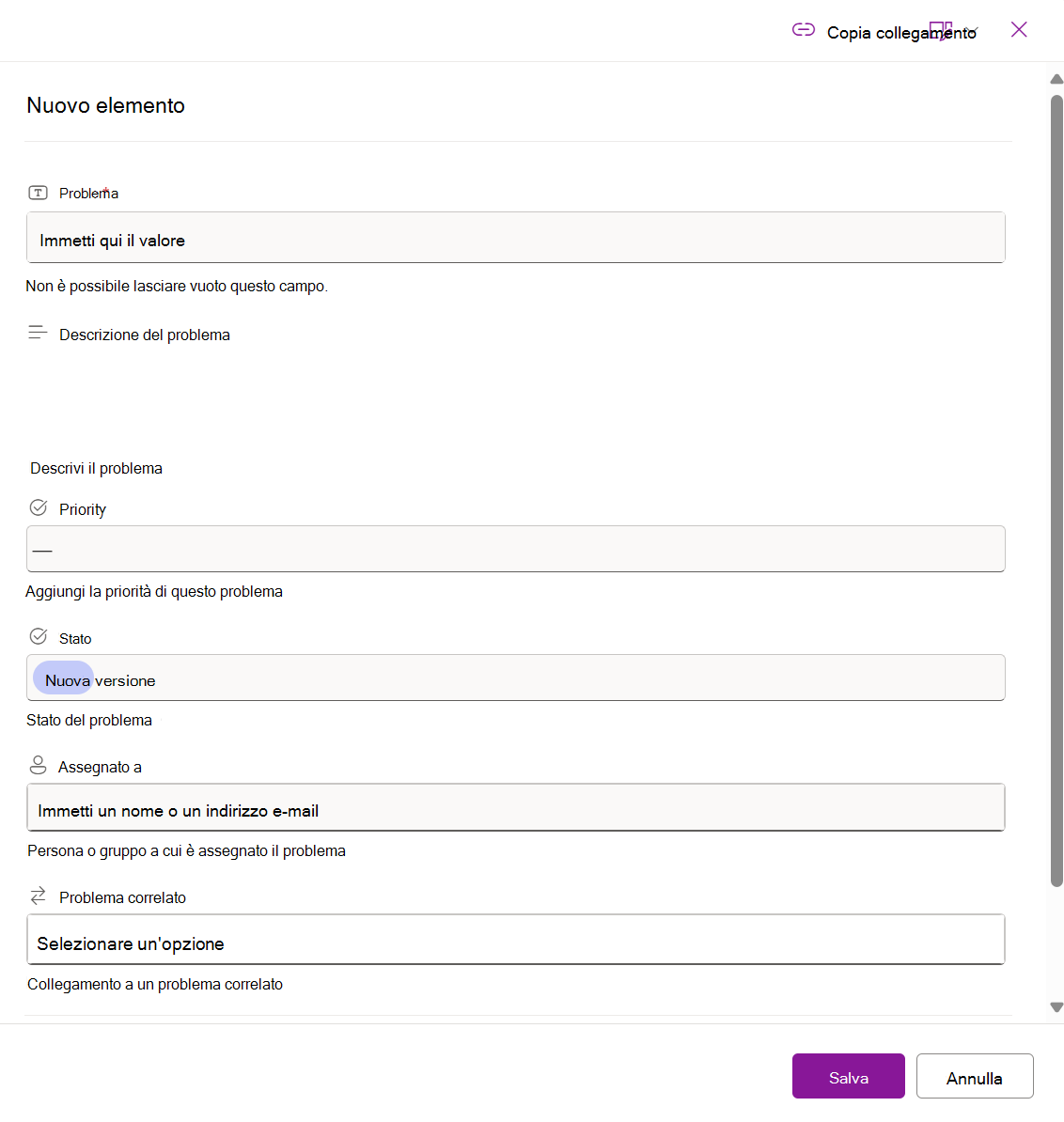 Screenshot del modulo del nuovo elemento per l'elenco di gestione dei problemi