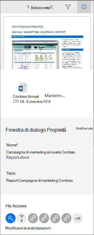 Riquadro dei metadati dei documenti di Office 365