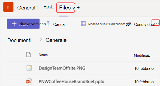 Screenshot della scheda Files e dell'opzione Apri in SharePoint in Microsoft Teams