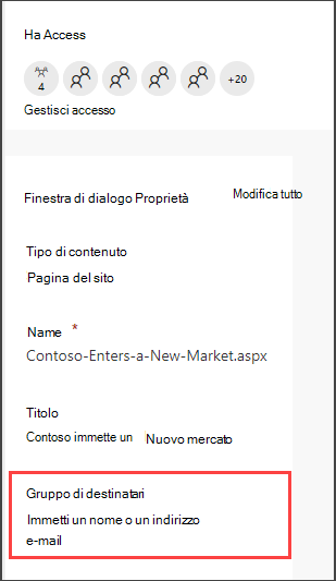 Riquadro dettagli pagine con l'opzione per l'accesso a un gruppo di destinatari