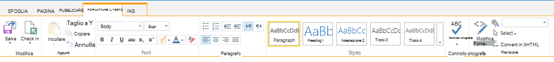 Screenshot della scheda Formato testo che contiene numerosi pulsanti per la formattazione del testo
