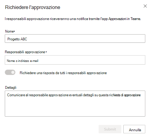 Screenshot che mostra la finestra di dialogo Richiedi approvazione.