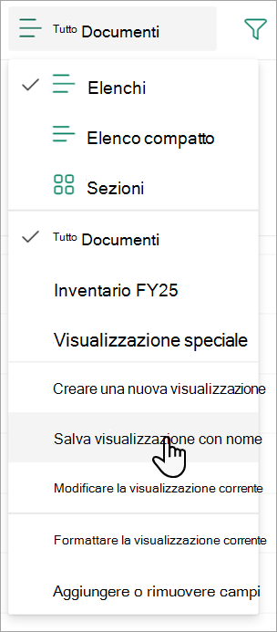 Screenshot che mostra il comando Salva visualizzazione con nome che è possibile usare per assegnare un nome alla visualizzazione.