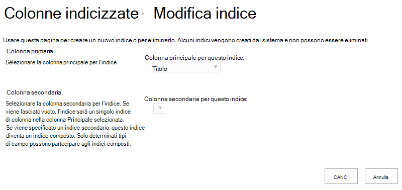 È possibile eliminare un indice dopo aver fatto clic su di esso