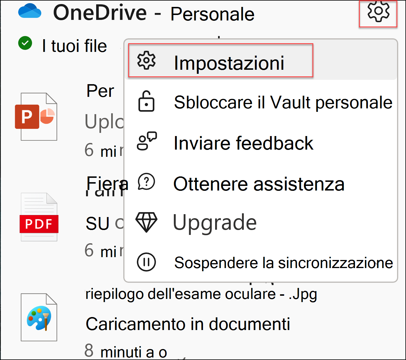 screenshot delle impostazioni di OneDrive