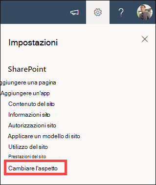 Opzione Impostazioni aperta con cambia l'aspetto evidenziato.