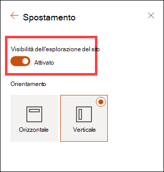 Accesso alle opzioni di visibilità della struttura di spostamento del sito tramite le impostazioni.