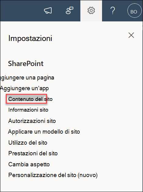 screenshot delle impostazioni del contenuto del sito