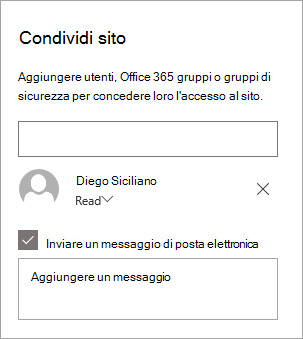 Aggiunta di una persona nel riquadro Condividi sito