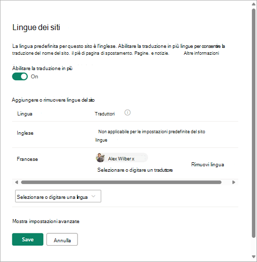 Screenshot che mostra la pagina Lingue del sito in SharePoint.