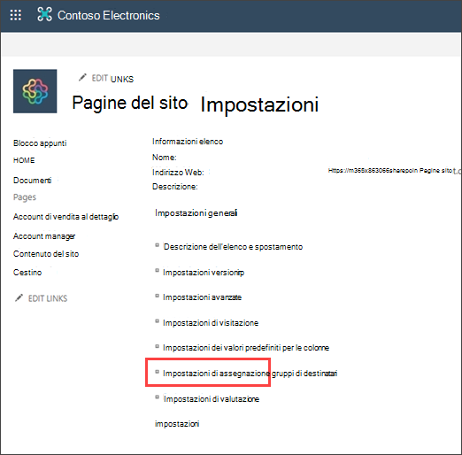 Pagina Impostazioni con assegnazione gruppi di destinatari evidenziata